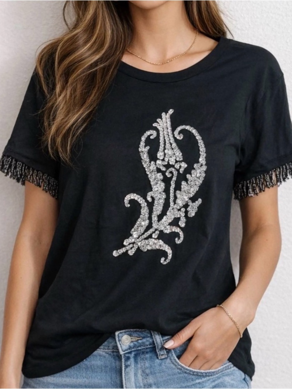 Sachin & Babi Tulip Fringe Shirt Black Embellished Fringe Rare NWT